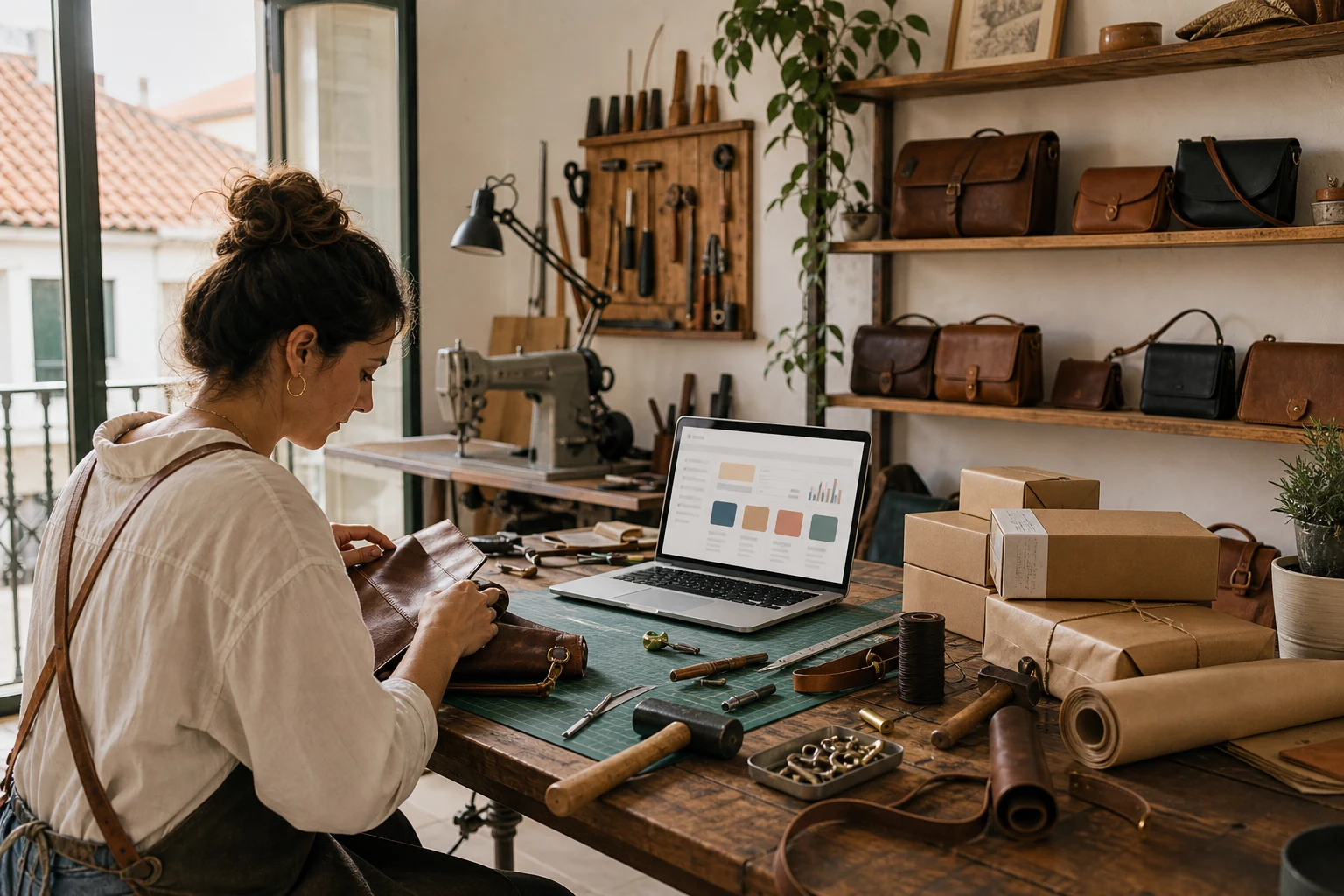 W-8BEN para vendedores online — um pequeno ateliê de marroquinaria no Porto com couro e ferramentas de costura na mesa, um portátil a mostrar uma loja Etsy, e caixas prontas para envio