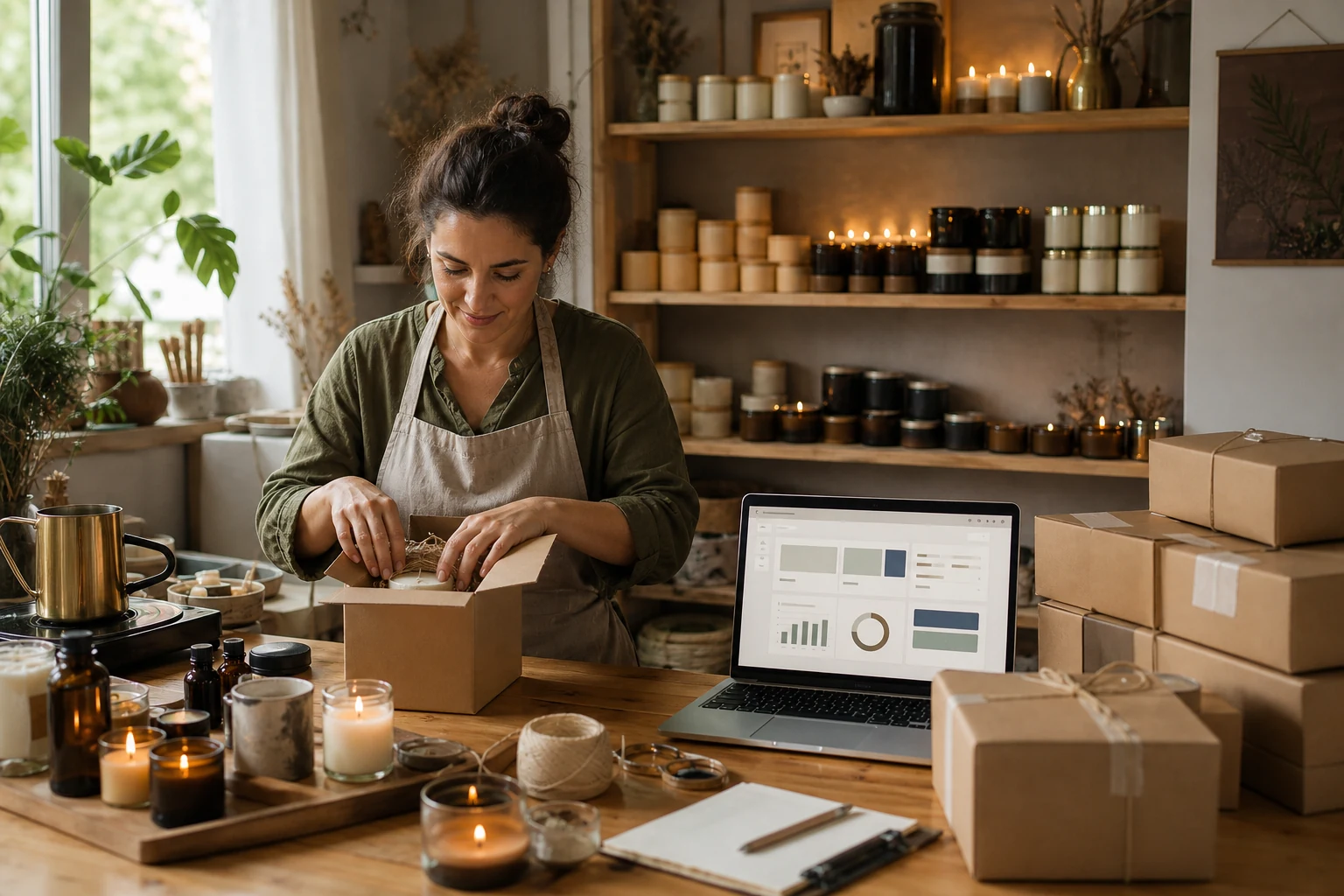 W-8BEN pentru vânzători online — un mic atelier acasă în Brașov cu lumânări parfumate handmade aliniate pe un raft, un laptop cu magazinul Etsy deschis și cutii gata de expediere