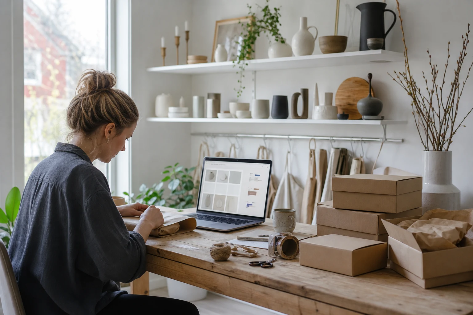 W-8BEN för nätbutiker — en liten hemstudio i Lund med minimalistiska heminredningsobjekt uppradade på en hylla, en dator med en Shopify-butik öppen på skärmen, och paket redo att skickas