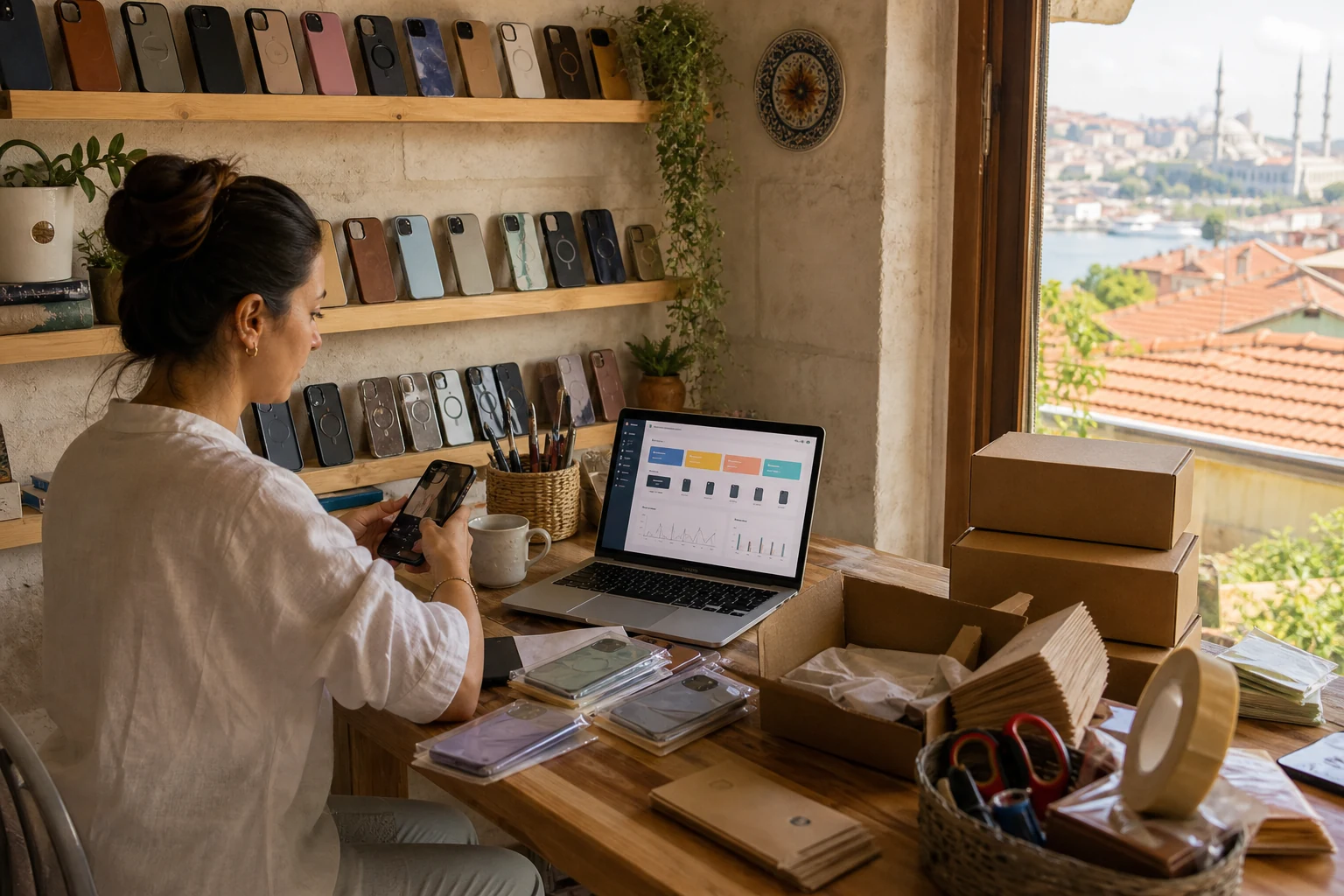 W-8BEN çevrimiçi satıcılar için — Konya'da küçük bir ev atölyesi, rafta dizili telefon aksesuarları, bir laptopta açık Amazon satıcı paneli ve kargoya hazır kutular