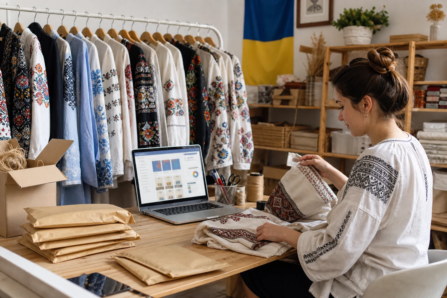 W-8BEN для онлайн-продавців — невелика домашня майстерня в Івано-Франківську з вишитим одягом, розвішаним на вішалках, ноутбук з відкритим магазином Etsy та коробки, готові до відправлення