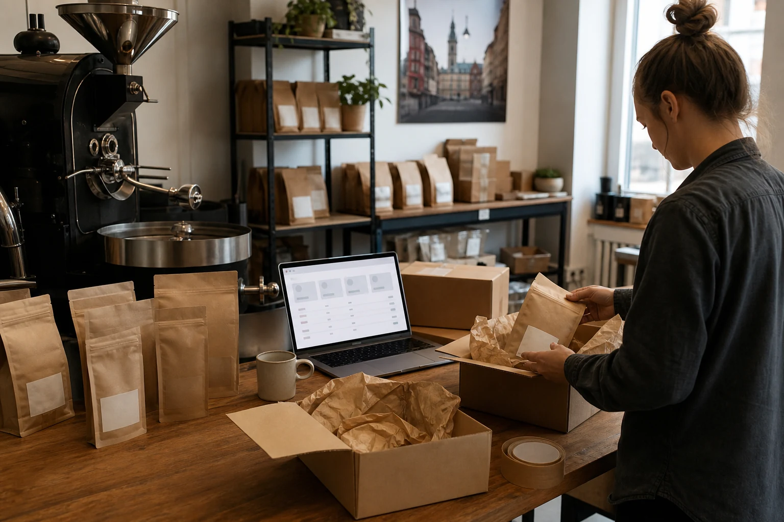 W-8BEN für Shopify-Shopbetreiber — eine kleine Kaffeerösterei-Verpackungsstation in Bremen, Kaffeetüten neben einem Laptop mit einem Shopify-Bestelldashboard, Versandkartons bereit zum Verschicken