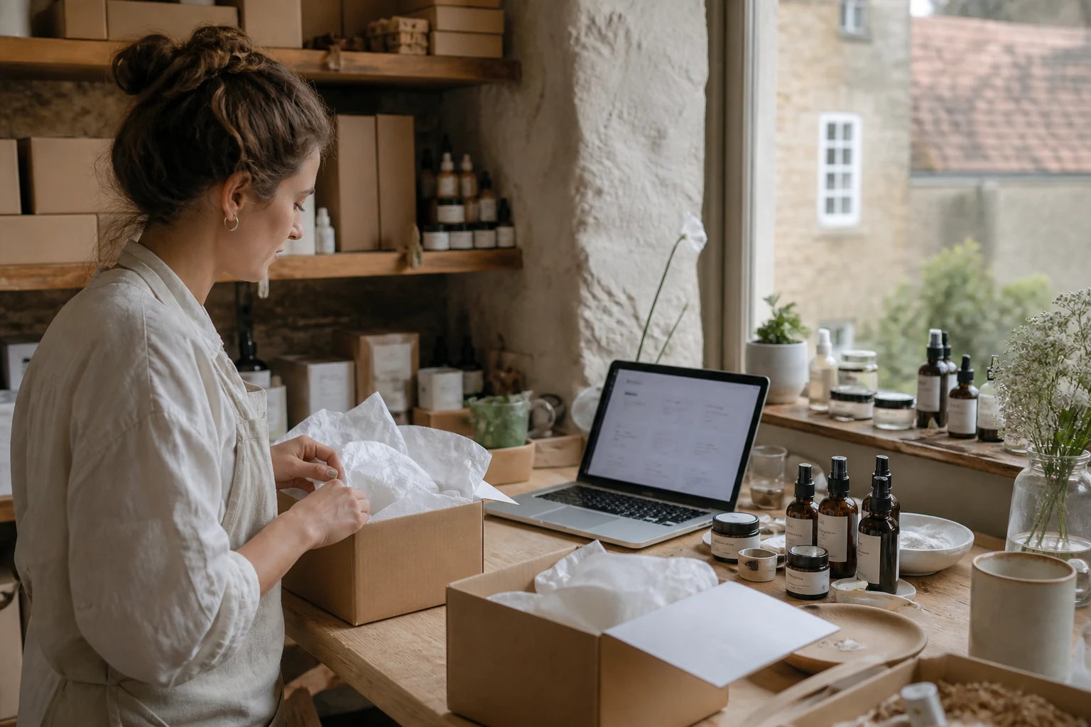 W-8BEN for Shopify store owners — a small skincare brand packing station in Norwich, bottles and jars lined up next to a laptop showing a Shopify orders dashboard, shipping boxes ready to send