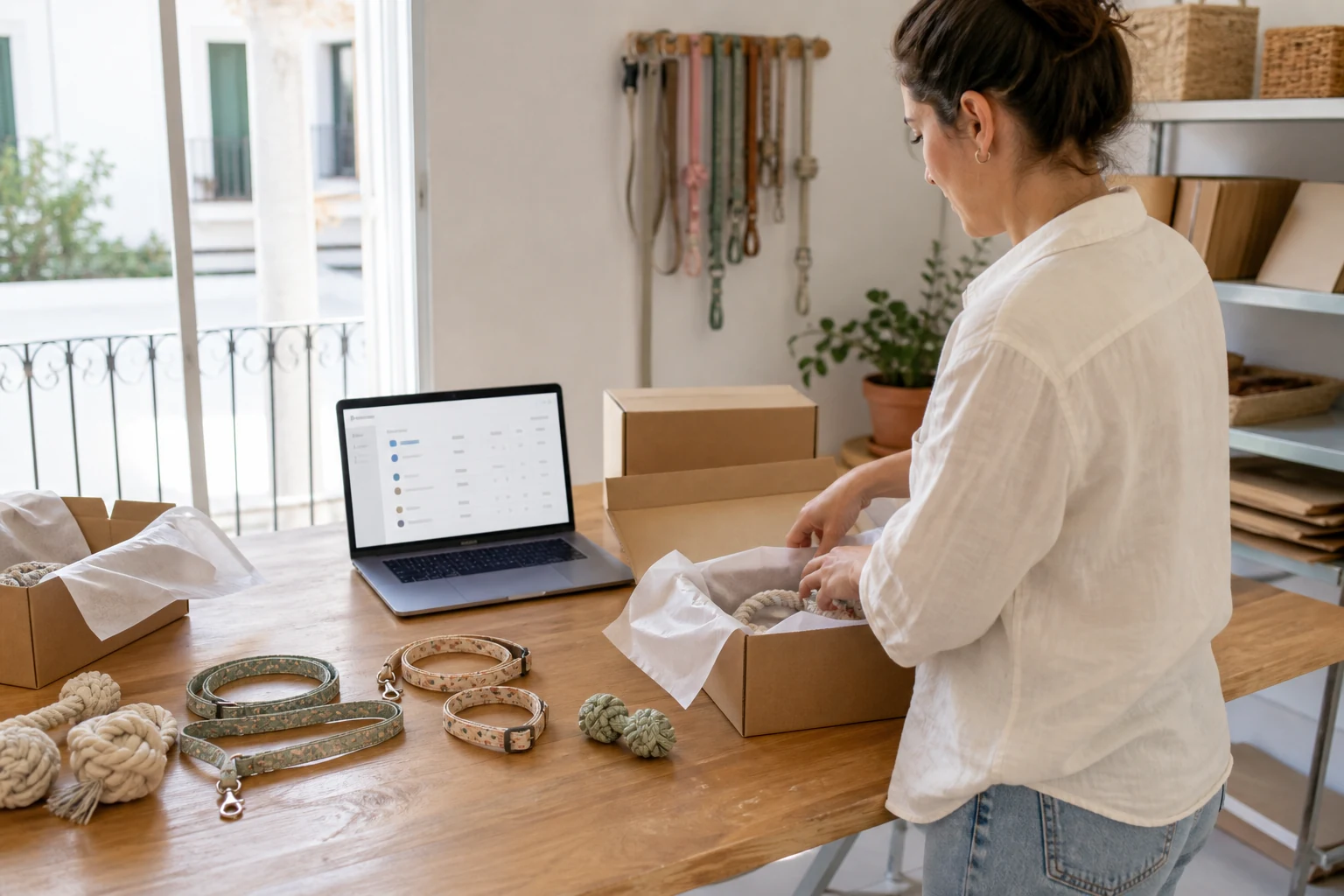 W-8BEN para tiendas Shopify — una pequeña estación de empaquetado de accesorios para mascotas en Bilbao, correas y juguetes junto a un portátil con un panel de pedidos de Shopify, cajas listas para enviar