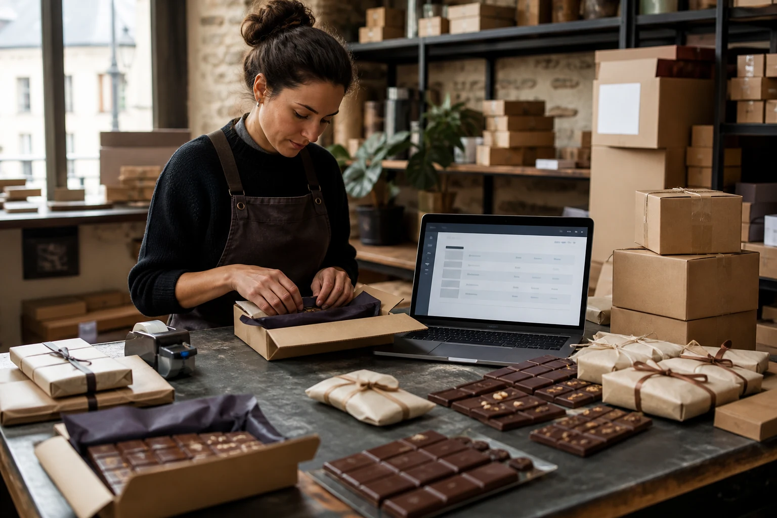 W-8BEN pour boutiques Shopify — un petit atelier de chocolaterie artisanale à Nice, des tablettes de chocolat emballées à côté d'un ordinateur portable affichant un tableau de bord de commandes Shopify, des colis prêts à expédier