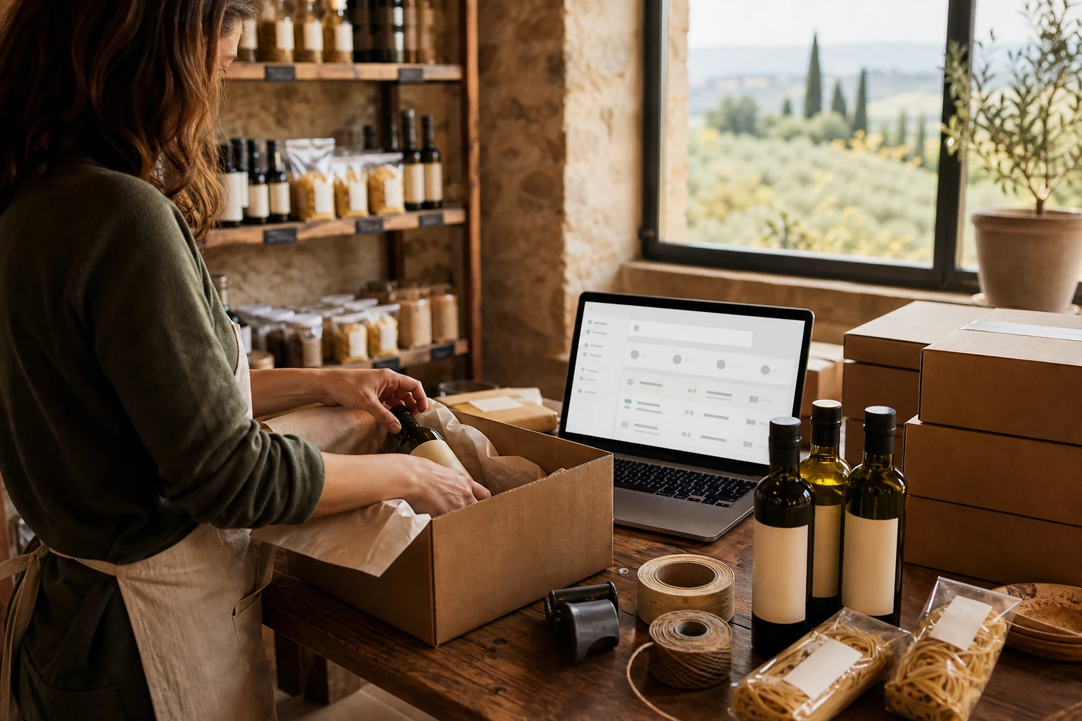 W-8BEN per negozi Shopify — una piccola stazione di confezionamento di prodotti gastronomici a Bari, bottiglie d'olio d'oliva e pasta accanto a un laptop con una dashboard ordini Shopify, scatole pronte per la spedizione