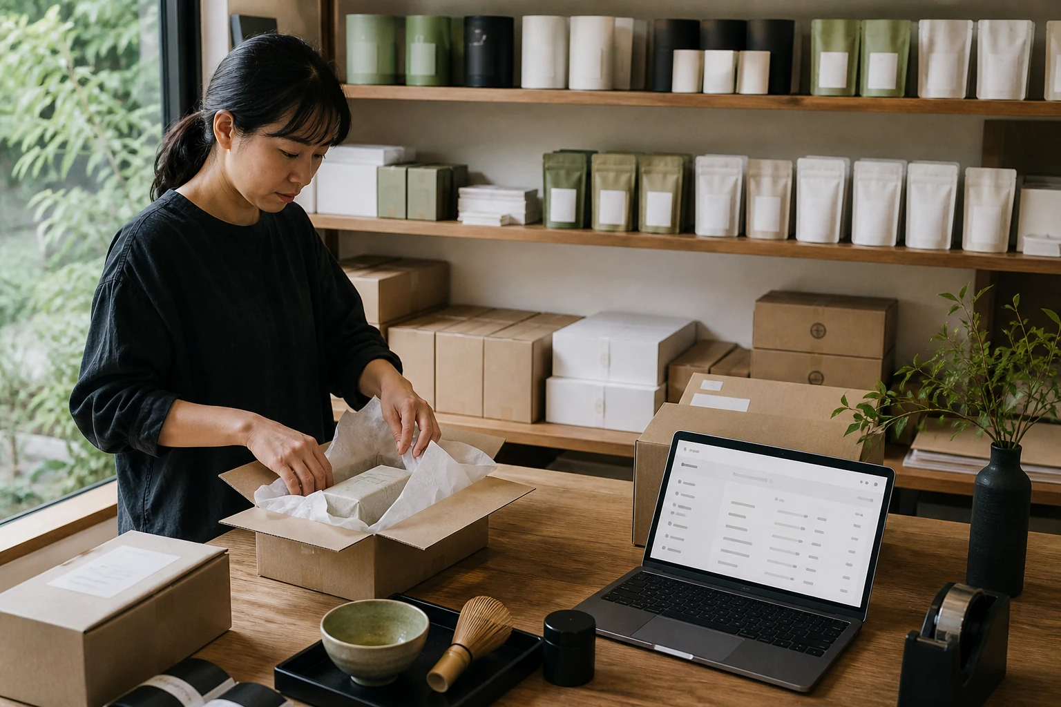 Shopifyストアオーナー向けW-8BEN — 静岡にある小さな抹茶・お茶ブランドの梱包スペース、缶やパッケージが並ぶ棚とShopifyの注文画面が映るノートパソコン、発送準備の整った箱