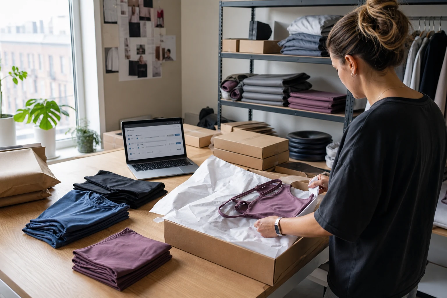 W-8BEN dla sklepów Shopify — mała stacja pakowania odzieży sportowej w Gdyni, stroje kąpielowe złożone obok laptopa z pulpitem zamówień Shopify, kartony gotowe do wysyłki