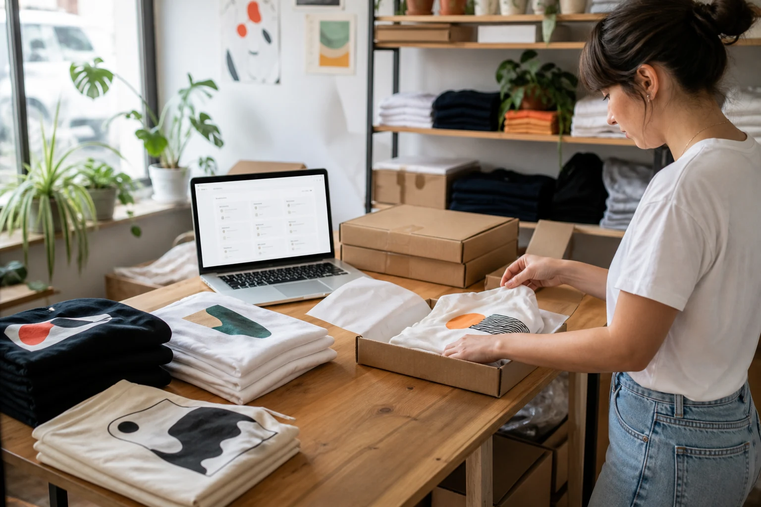 W-8BEN pentru magazine Shopify — un mic atelier de printare tricouri personalizate în Cluj-Napoca, tricouri împăturite lângă un laptop cu un tablou de bord de comenzi Shopify, cutii gata de expediere
