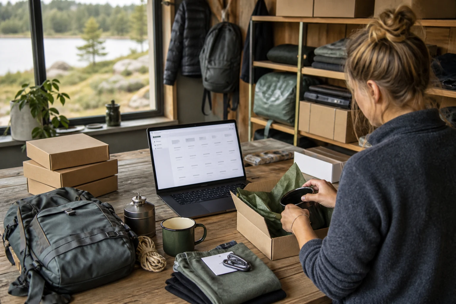 W-8BEN för Shopify-butiksägare — en liten packstation för friluftsutrustning i Östersund, ryggsäckar och campingprylar bredvid en dator med en Shopify-orderöversikt, paket redo att skickas