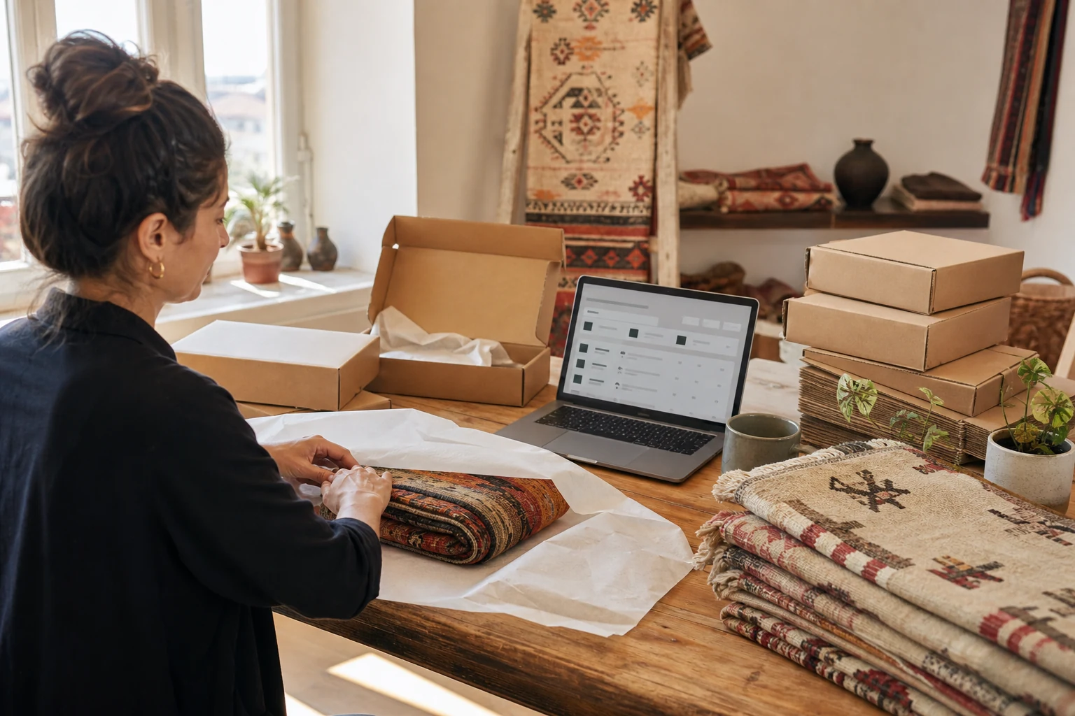 W-8BEN Shopify mağaza sahipleri için — Kayseri'de küçük bir dokuma tekstil paketleme istasyonu, katlanmış el dokuması halılar bir laptopta açık Shopify sipariş panelinin yanında, kargoya hazır kutular