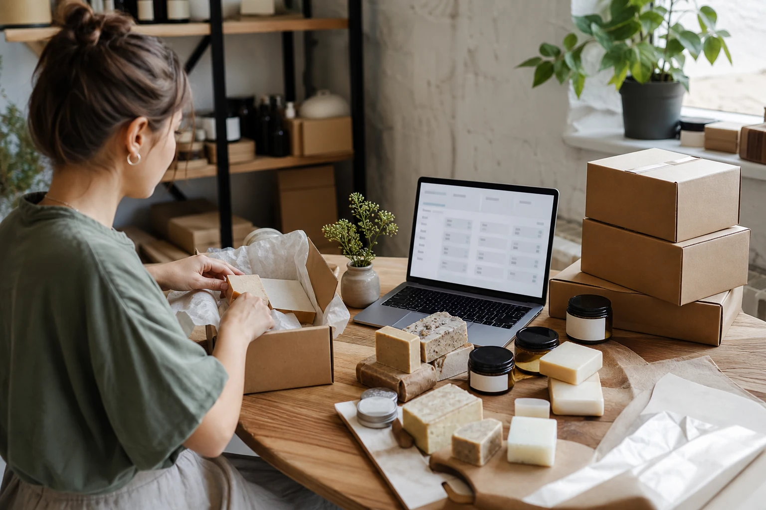 W-8BEN для власників магазинів на Shopify — невелика станція пакування натурального мила в Полтаві, бруски мила та баночки з кремом поруч із ноутбуком з панеллю замовлень Shopify, коробки, готові до відправлення