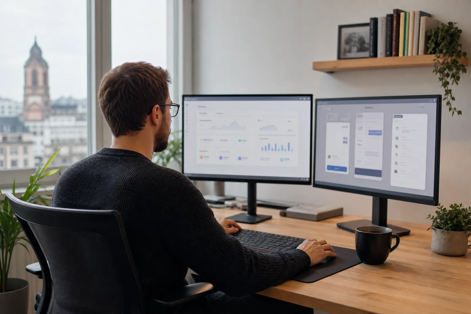 W-8BEN für Stripe- und SaaS-Ersteller — der Heimarbeitsplatz einer Solo-Entwicklerin in Mannheim mit einem Monitor, der ein abstraktes Abonnement-Zahlungs-Dashboard zeigt, und einem zweiten Monitor mit einer App-Oberfläche
