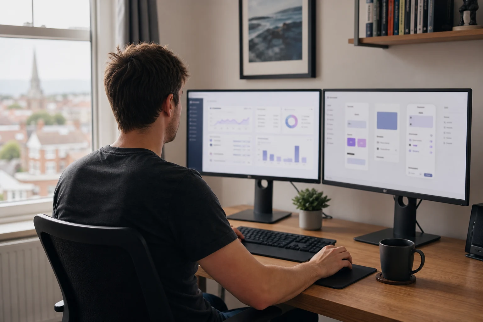 W-8BEN for Stripe and SaaS creators — a solo developer's home desk in Southampton with one monitor showing an abstract subscription-payments dashboard and a second monitor showing an app interface mockup