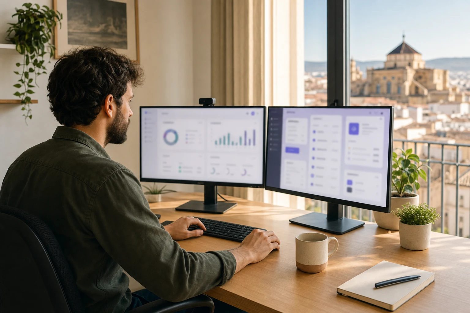 W-8BEN para creadores de Stripe y SaaS — el escritorio de trabajo en casa de una desarrolladora en solitario en Córdoba con un monitor que muestra un panel abstracto de suscripciones y pagos, y un segundo monitor con una maqueta de interfaz de aplicación