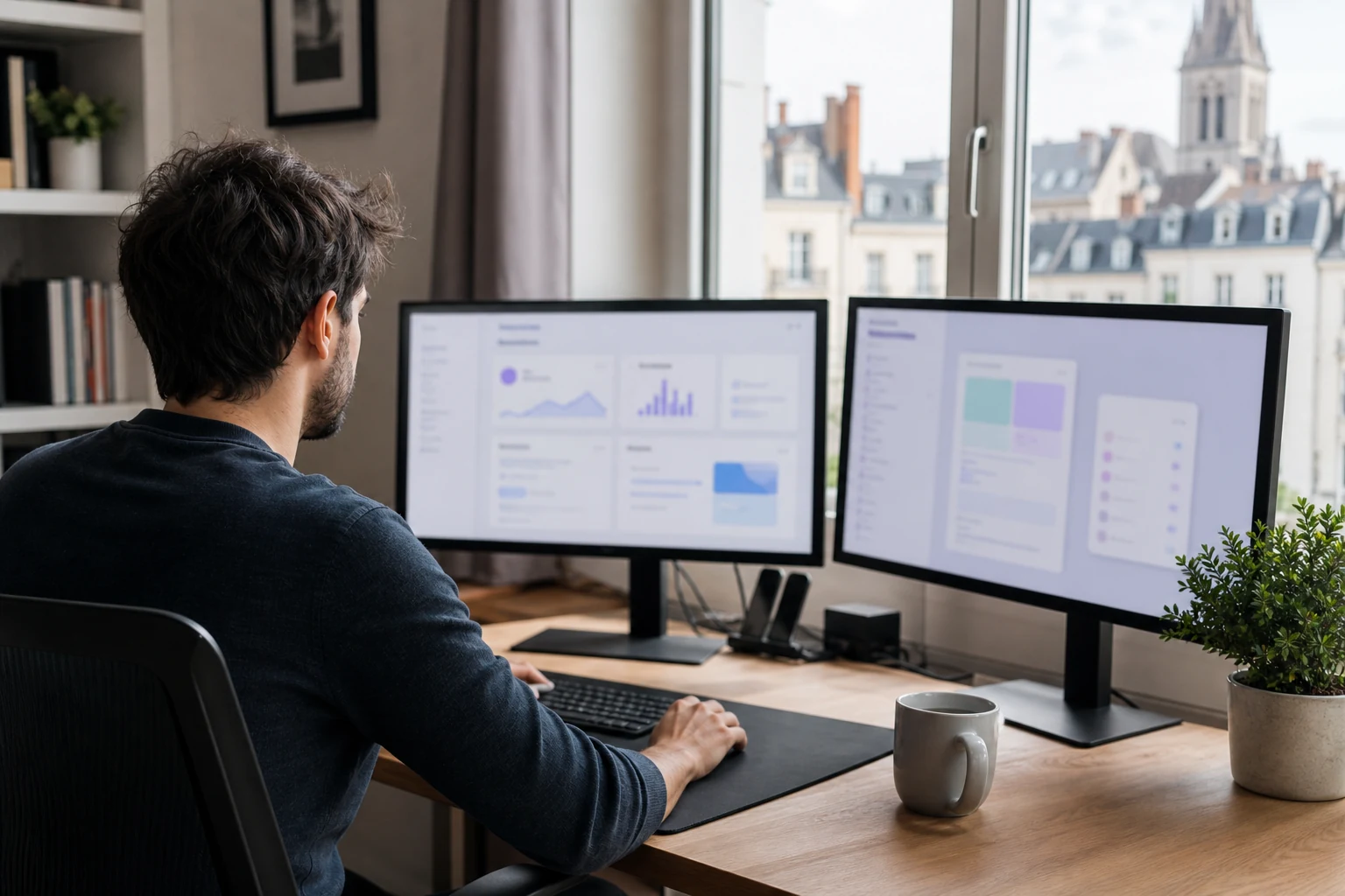 W-8BEN pour les créateurs Stripe et SaaS — le bureau à domicile d'un développeur solo à Angers avec un moniteur affichant un tableau de bord abstrait d'abonnements et paiements, et un second moniteur montrant une maquette d'interface d'application