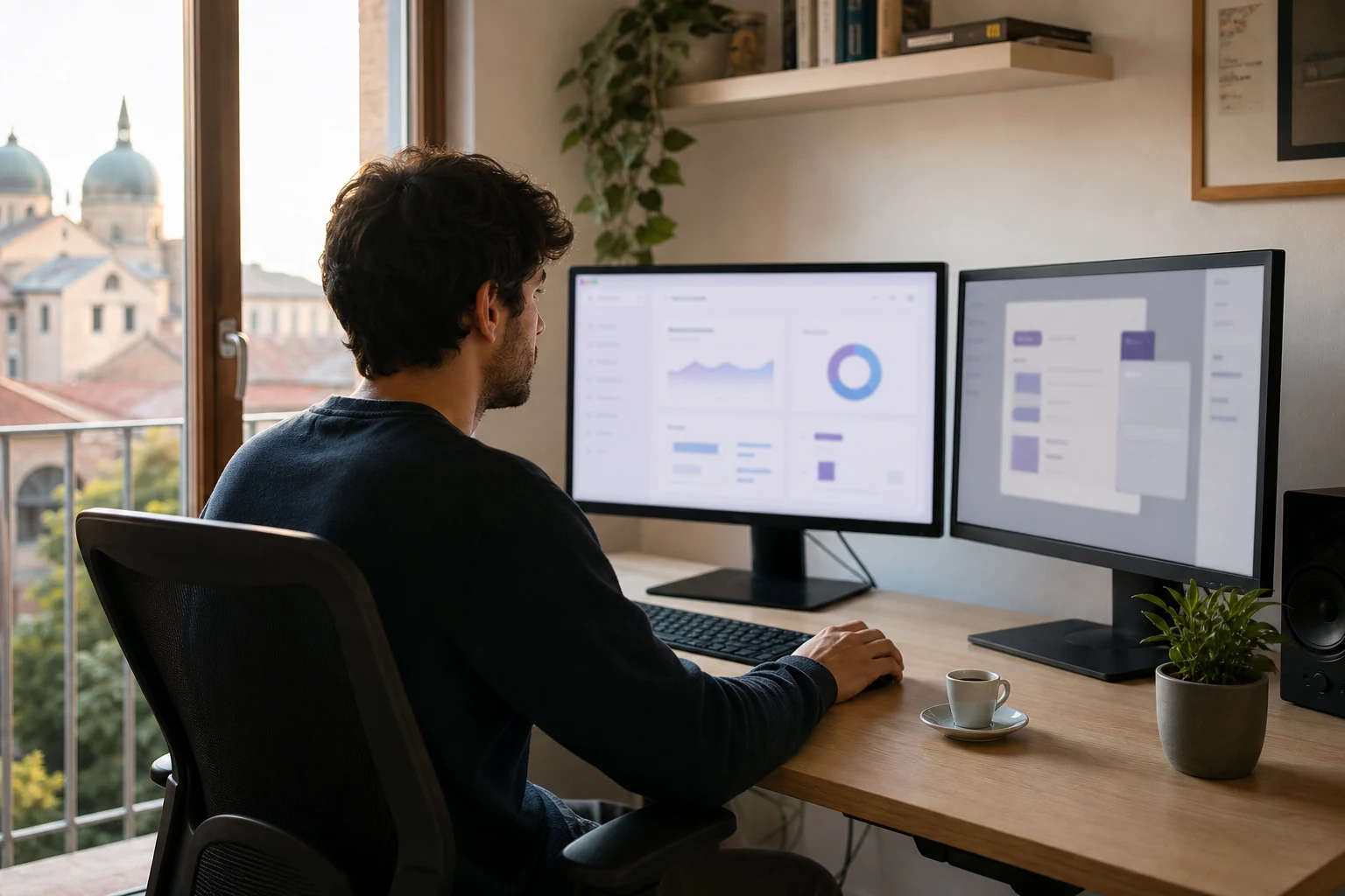W-8BEN per creatori Stripe e SaaS — la scrivania di lavoro da casa di uno sviluppatore solo a Padova con un monitor che mostra una dashboard astratta di abbonamenti e pagamenti, e un secondo monitor con un mockup dell'interfaccia dell'app