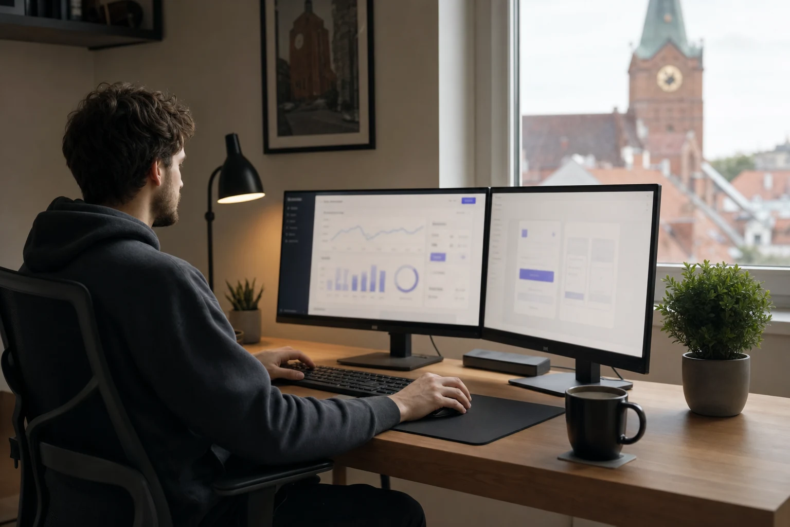 W-8BEN dla twórców na Stripe i SaaS — domowe stanowisko pracy samodzielnego developera w Toruniu z monitorem pokazującym abstrakcyjny dashboard subskrypcji i płatności oraz drugim monitorem z makietą interfejsu aplikacji