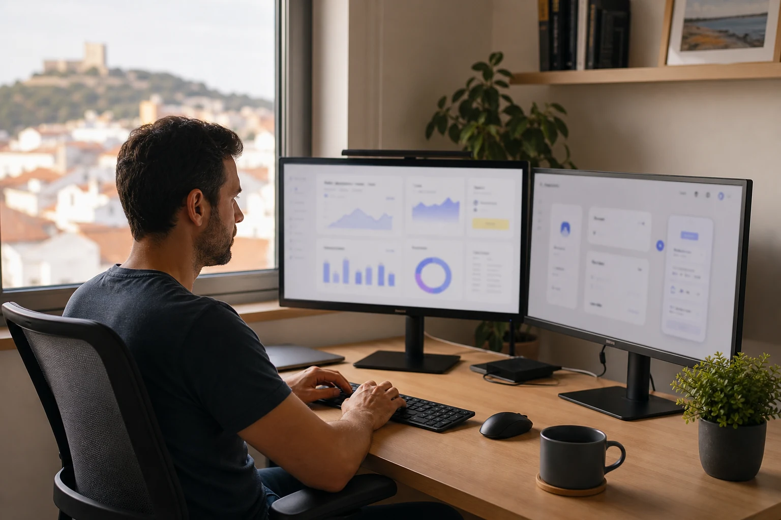 W-8BEN para criadores no Stripe e SaaS — a secretária de trabalho em casa de um programador independente em Leiria com um monitor a mostrar um painel abstrato de subscrições e pagamentos, e um segundo monitor com um mockup da interface de uma aplicação