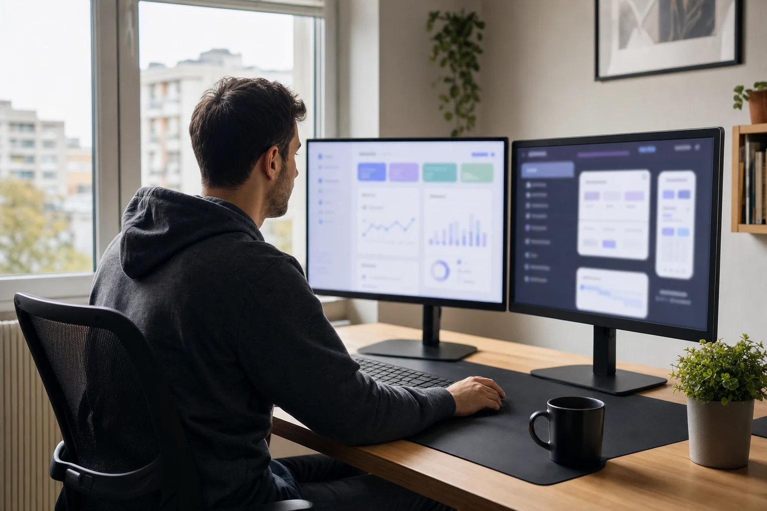 W-8BEN pentru creatorii Stripe și SaaS — biroul de acasă al unei dezvoltatoare independente din Ploiești, cu un monitor care afișează un tablou de bord abstract de abonamente și plăți, și un al doilea monitor cu un mockup al interfeței aplicației
