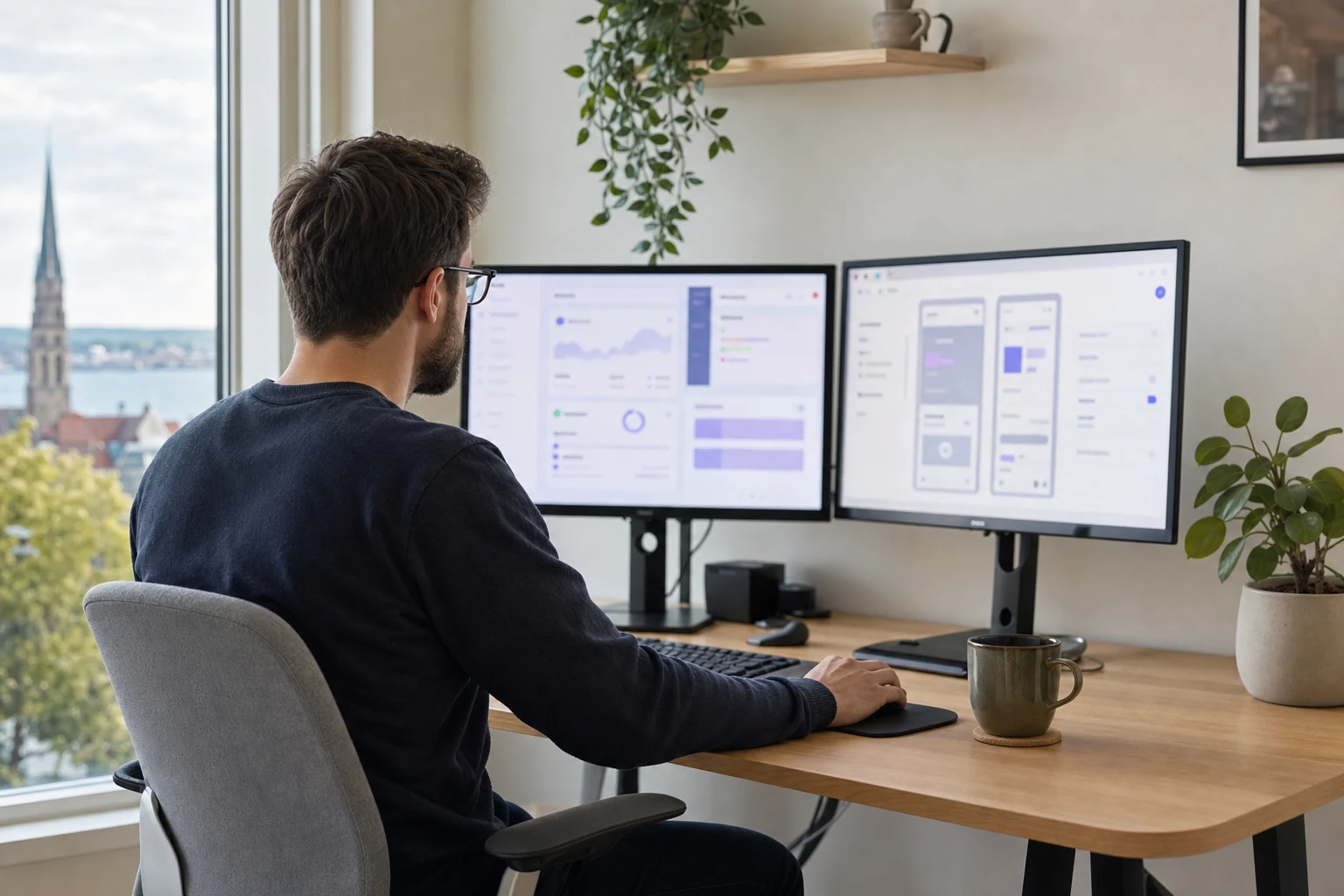 W-8BEN för Stripe- och SaaS-skapare — en ensam utvecklares hemmakontor i Jönköping med en monitor som visar en abstrakt prenumerations- och betalningsdashboard, och en andra monitor med en app-gränssnittsskiss