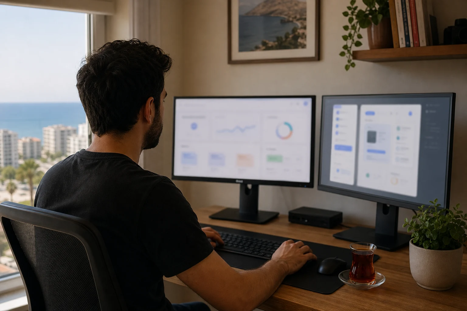 Stripe ve SaaS içerik üreticileri için W-8BEN — Mersin'de bir bağımsız geliştiricinin ev çalışma masası, bir monitörde soyut bir abonelik ve ödeme paneli, ikinci monitörde bir uygulama arayüzü taslağı
