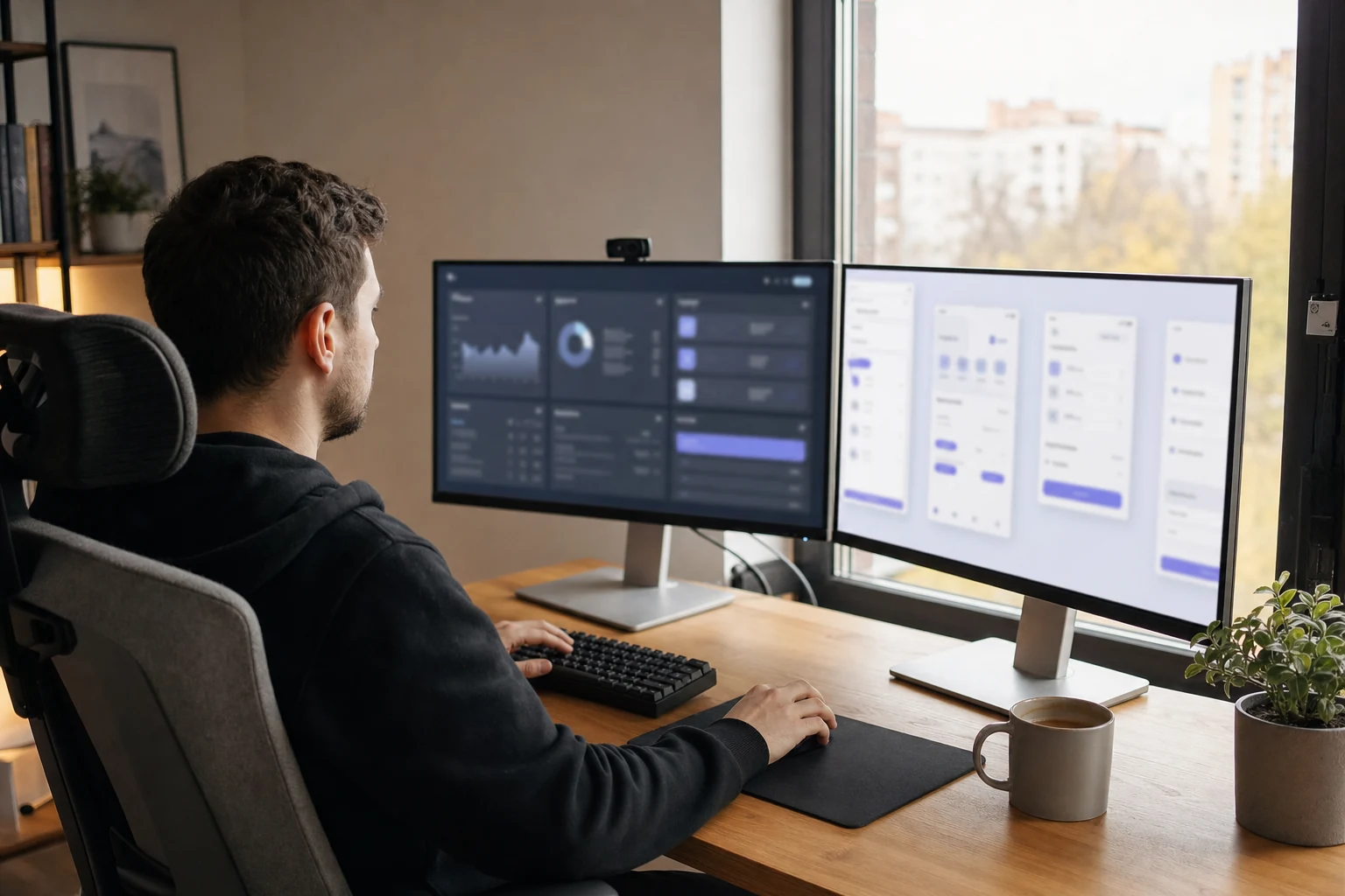 W-8BEN для творців на Stripe і SaaS — домашній робочий стіл соло-розробника в Черкасах з монітором, на якому абстрактна панель підписок і платежів, та другим монітором з макетом інтерфейсу застосунку