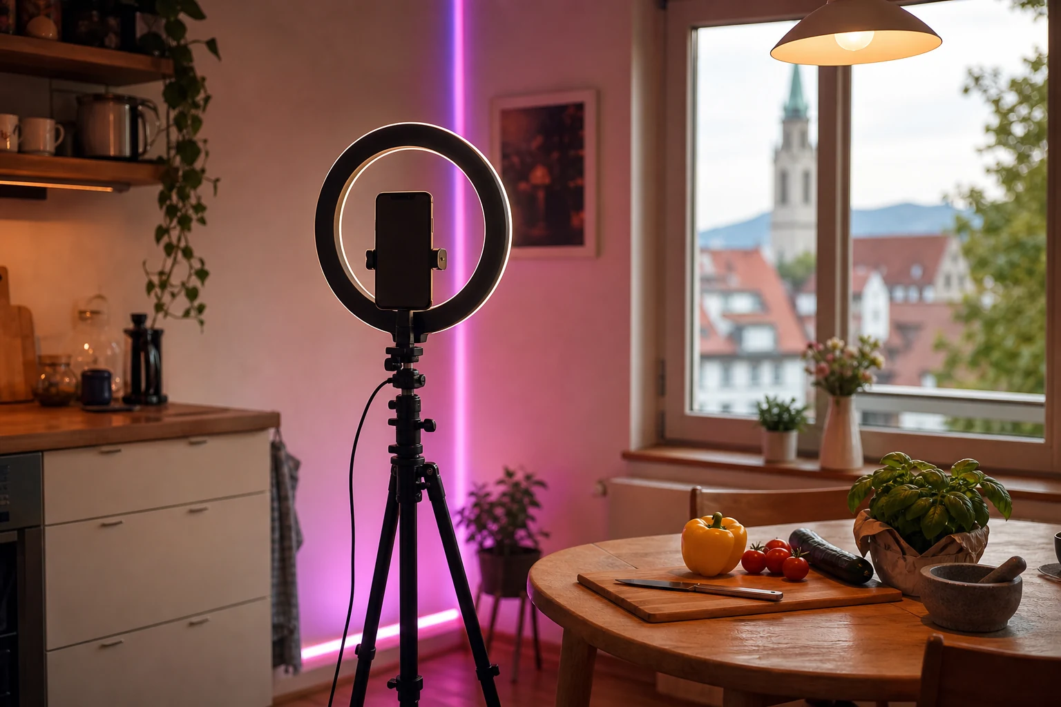 W-8BEN für TikTok-Creator — eine Content-Ecke in Freiburg mit einem Smartphone auf Ringlicht und Stativ im Hochformat, einem farbigen LED-Hintergrund und einem kleinen Tisch mit Kochutensilien daneben