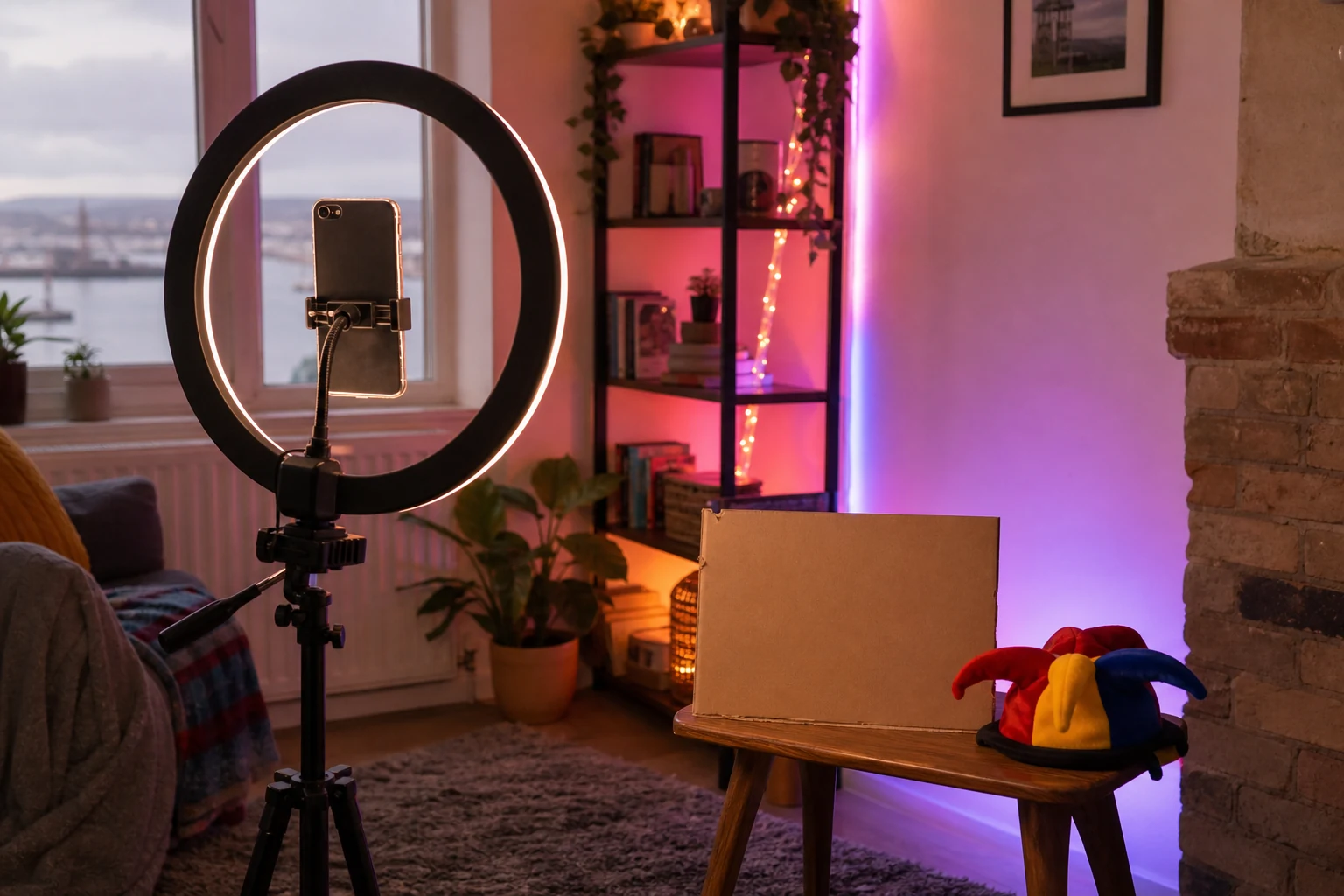 W-8BEN for TikTok creators — a home content corner in Plymouth with a phone mounted on a ring light and tripod in portrait orientation, a colourful LED backdrop, and a small comedy-prop table beside it