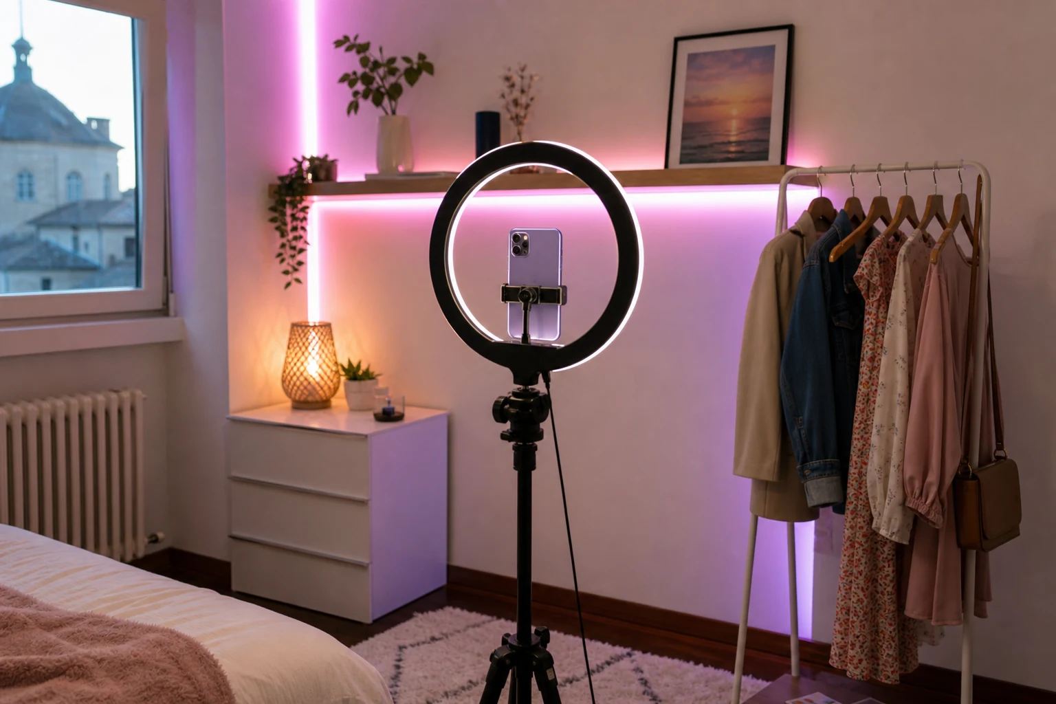 W-8BEN para creadores de TikTok — un rincón de contenido en Santander con un teléfono montado en un aro de luz y trípode en orientación vertical, un fondo LED de color y un pequeño perchero con ropa al lado
