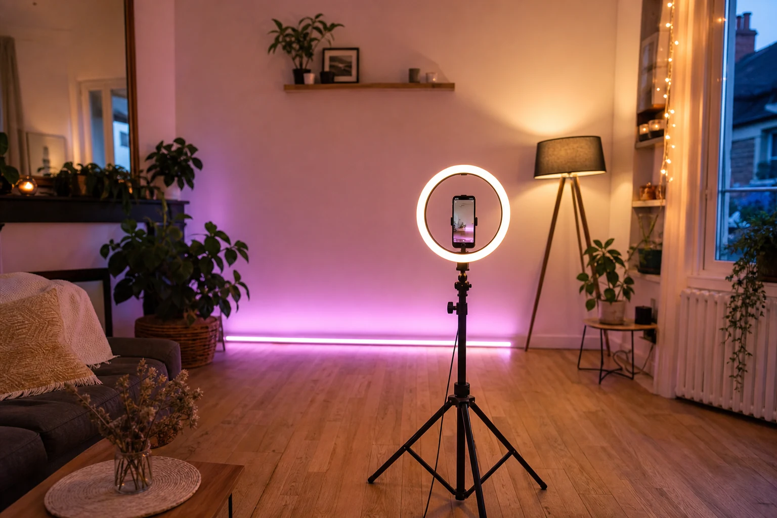W-8BEN pour les créateurs TikTok — un coin contenu à Tours avec un téléphone monté sur ring light et trépied en format portrait, un fond LED coloré et un petit espace dégagé au sol pour la danse