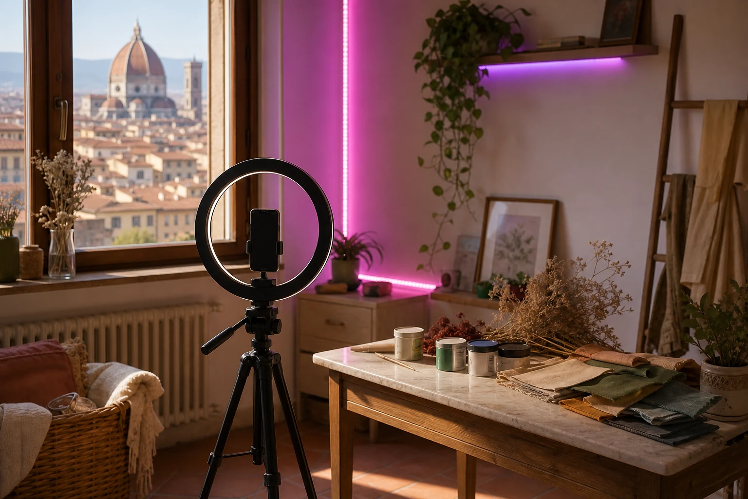 W-8BEN per i creator di TikTok — un angolo contenuti a Firenze con un telefono montato su ring light e treppiede in formato verticale, uno sfondo LED colorato e piccoli oggetti di decorazione fai-da-te su un tavolino accanto