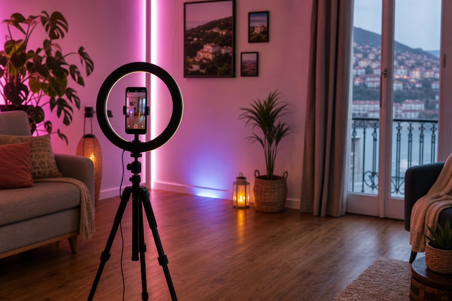 W-8BEN para criadores do TikTok — um cantinho de gravação no Funchal com um telemóvel montado num ring light e tripé em orientação vertical, um fundo LED colorido e um pequeno espaço livre no chão para dança