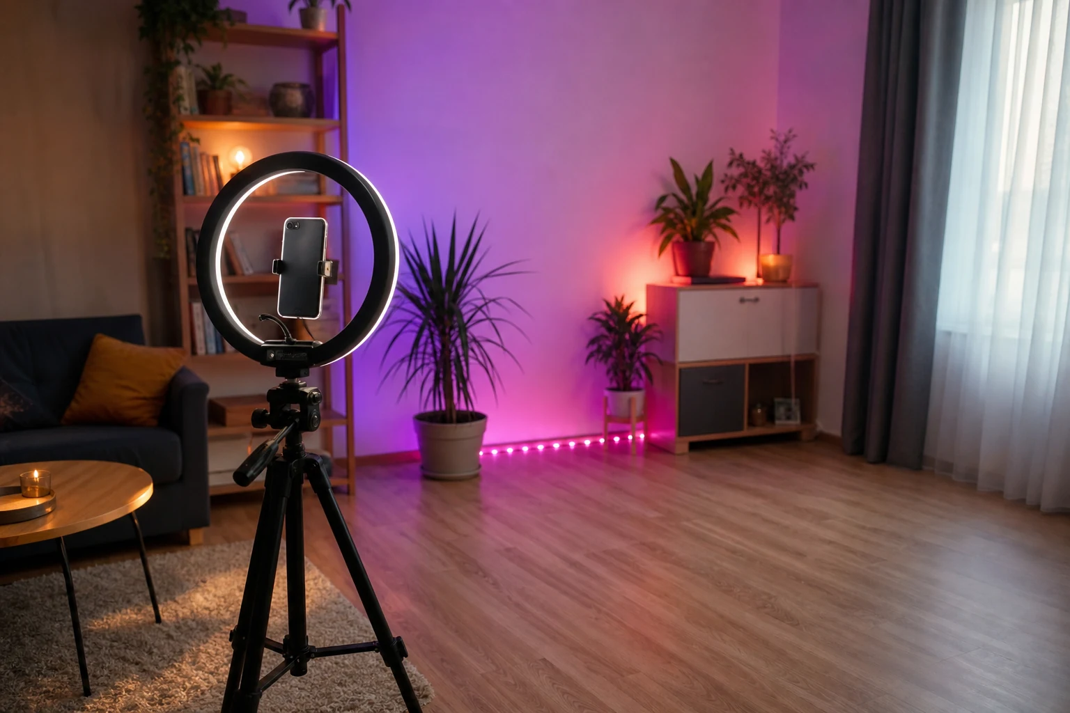 W-8BEN pentru creatorii TikTok — un colț de filmare din Bacău cu un telefon montat pe un ring light și un trepied în orientare portret, un fundal LED colorat și un spațiu liber pe podea pentru dans
