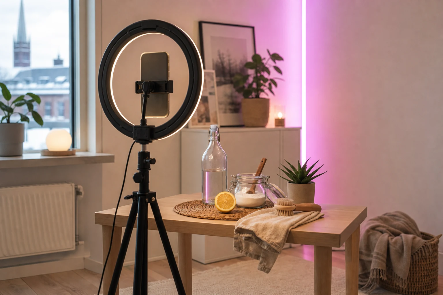 W-8BEN för TikTok-skapare — ett filmhörn i Karlstad med en telefon monterad på ringljus och stativ i porträttläge, en färgglad LED-bakgrund och lifehack-rekvisita på ett litet bord bredvid