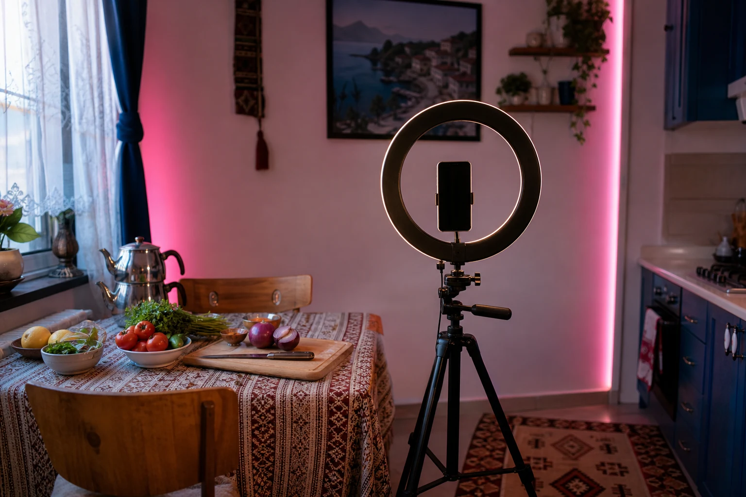 TikTok içerik üreticileri için W-8BEN — Trabzon'da bir çekim köşesi, dikey konumda ışık halkası ve tripod üzerine monte edilmiş bir telefon, renkli LED arka plan ve yanında küçük bir mutfak malzemesi masası