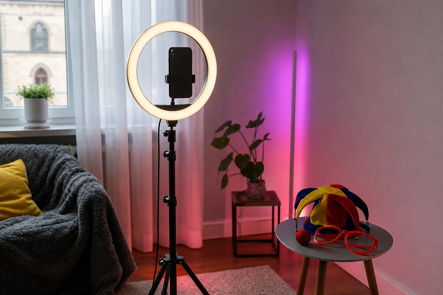 W-8BEN для творців на TikTok — знімальний куточок у Чернівцях з телефоном на кільцевому світлі й штативі у портретній орієнтації, кольоровим LED-фоном та реквізитом для комедійних скетчів на столику поруч