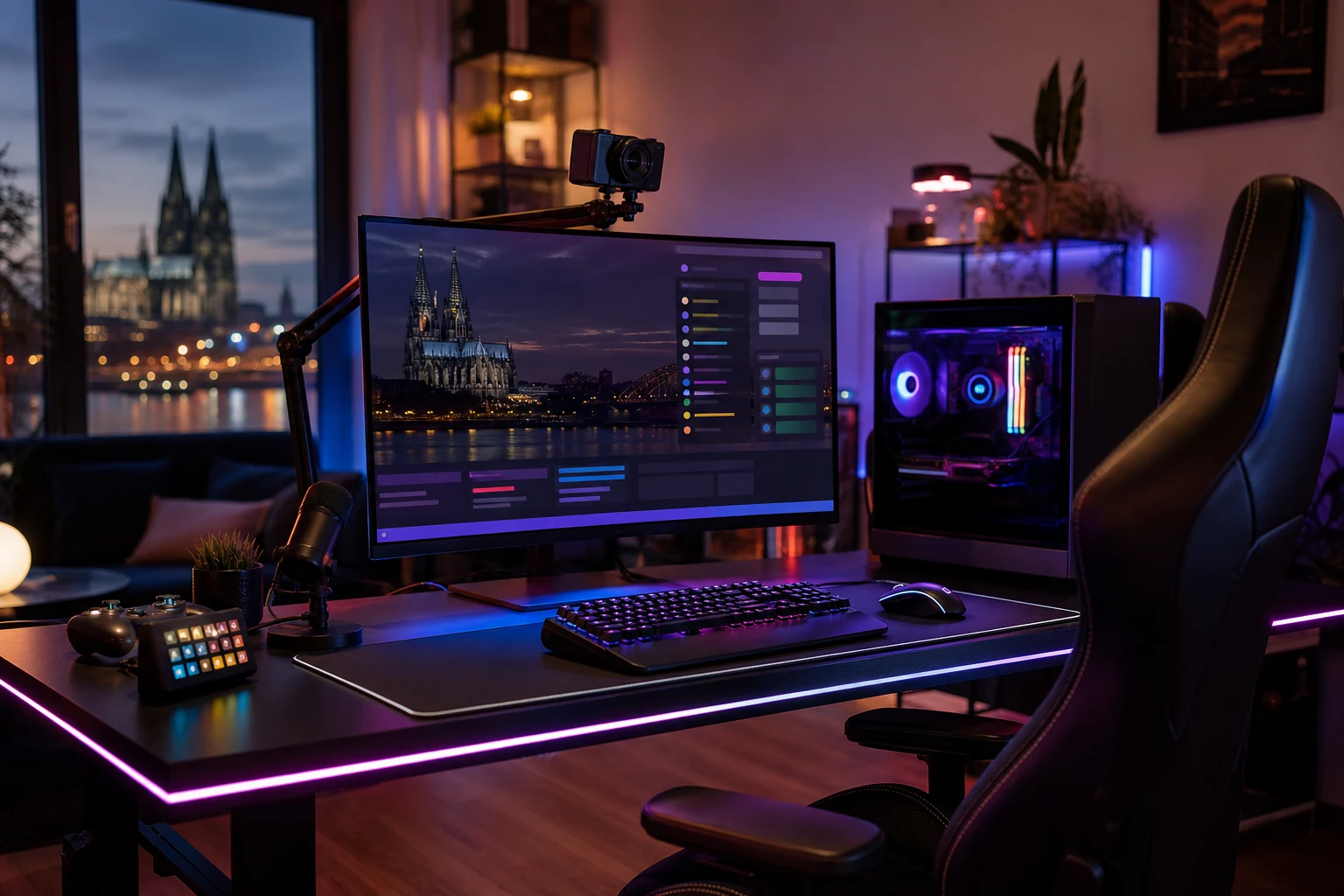 W-8BEN für Twitch-Streamer — ein Heim-Streaming-Setup in Köln mit RGB-Beleuchtung, einem Gaming-PC mit sichtbarem Chat-Overlay auf dem Monitor und einer Webcam auf einem Schwenkarm