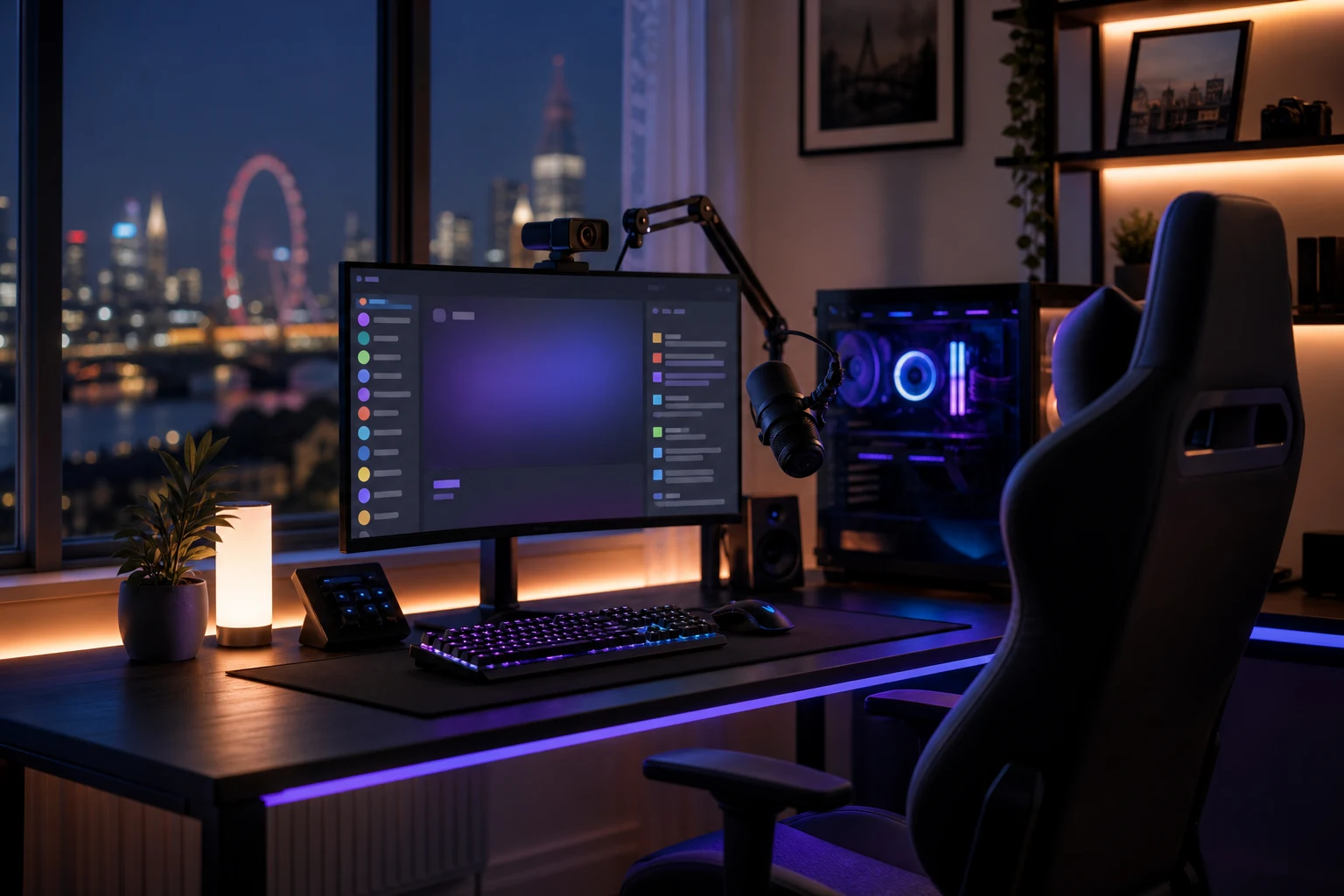 W-8BEN for Twitch streamers — a home streaming setup in London with RGB lighting, a gaming PC with a chat overlay visible on the monitor, and a webcam on an arm mount