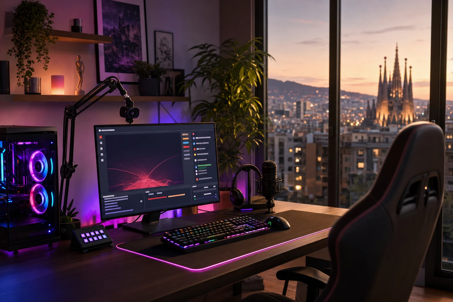 W-8BEN para streamers de Twitch — un montaje de streaming casero en Barcelona con iluminación RGB, un PC gaming con una superposición de chat visible en el monitor, y una webcam en un brazo articulado