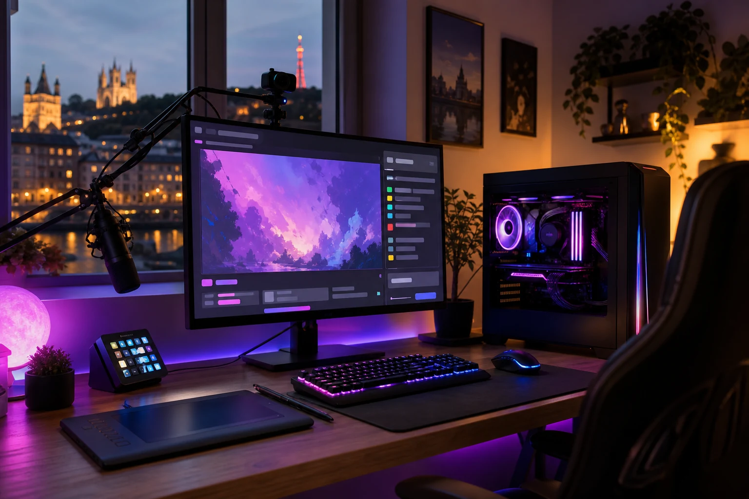 W-8BEN pour les streamers Twitch — un setup de streaming à domicile à Lyon avec éclairage RGB, un PC gaming affichant une superposition de chat à l'écran, et une webcam sur bras articulé