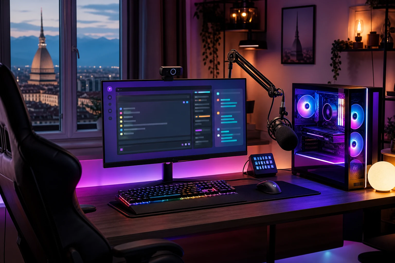 W-8BEN per streamer Twitch — una postazione di streaming domestica a Torino con illuminazione RGB, un PC da gaming con una sovrapposizione della chat visibile sul monitor, e una webcam su braccio snodato