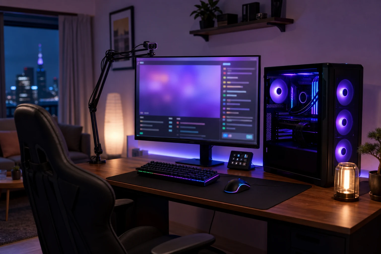 Twitch配信者向けW-8BEN — 福岡の自宅に設置されたRGBライティングの配信セットアップ、モニターにチャットオーバーレイが表示されているゲーミングPC、アーム式スタンドに固定されたウェブカメラ
