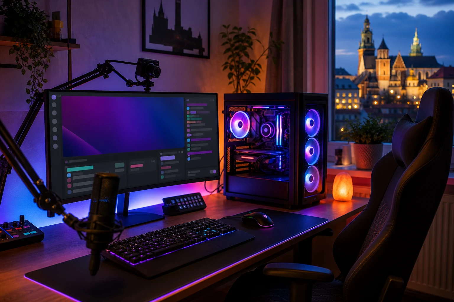W-8BEN dla streamerów Twitch — domowe stanowisko do streamingu w Krakowie z oświetleniem RGB, komputerem do gier z widocznym nakładem czatu na monitorze i kamerką internetową na wysięgniku