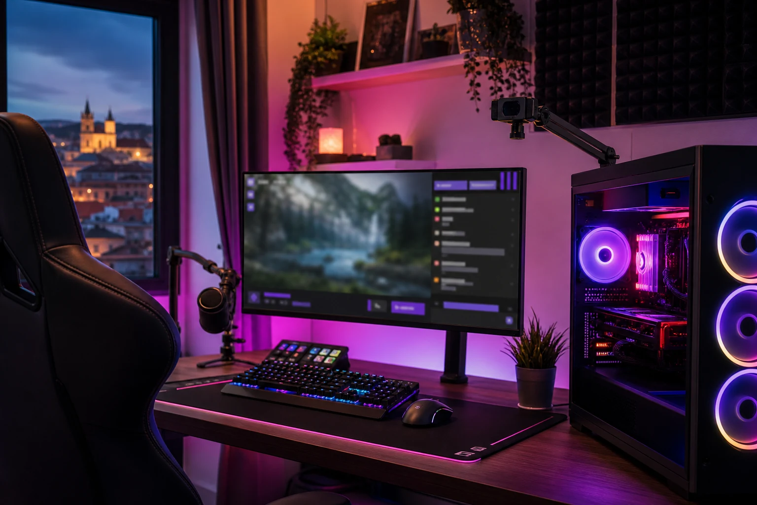 W-8BEN para streamers da Twitch — uma configuração de streaming caseira em Braga com iluminação RGB, um PC gamer com uma sobreposição de chat visível no monitor, e uma webcam num braço articulado