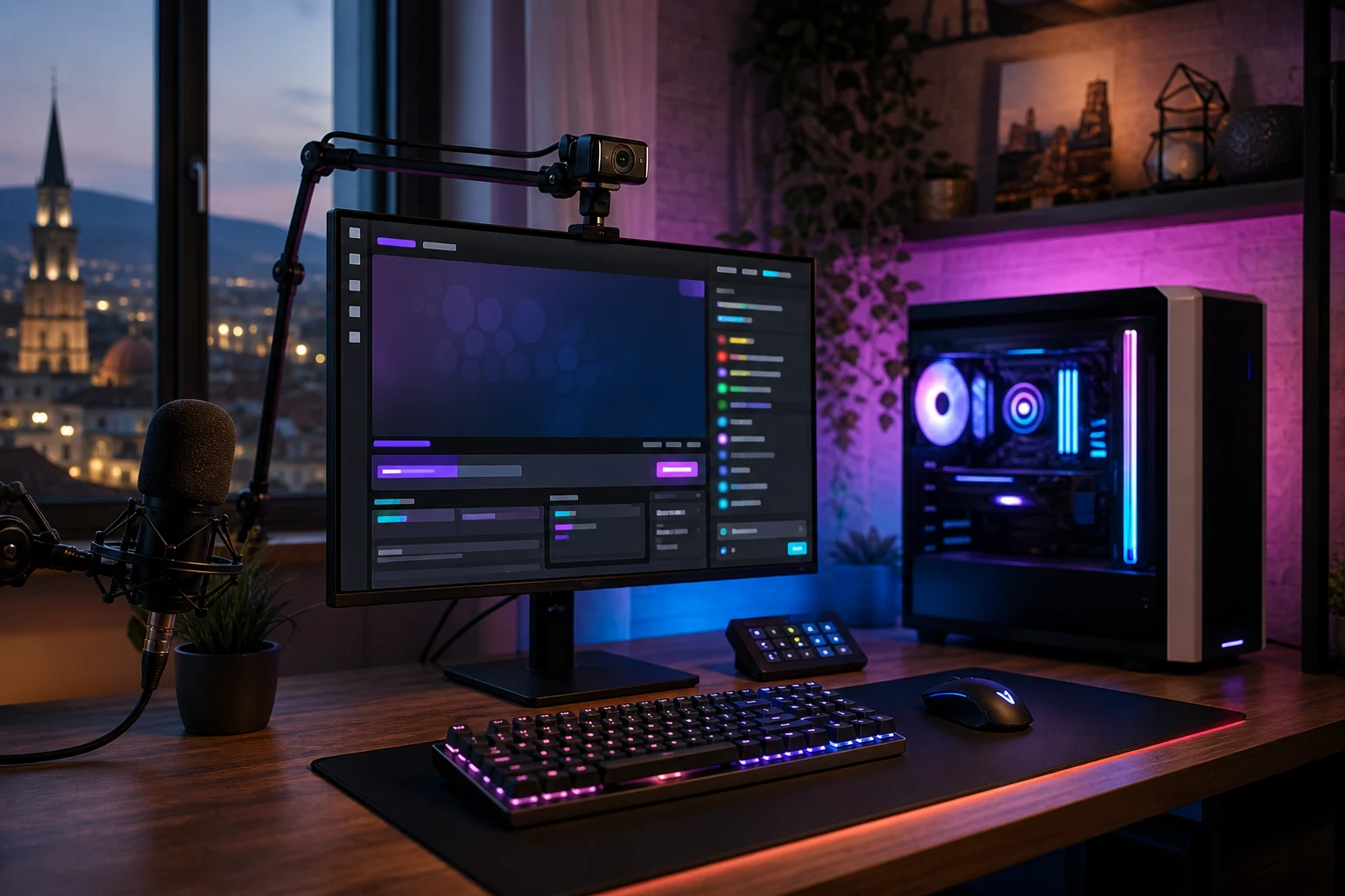 W-8BEN pentru streameri Twitch — un colț de streaming amenajat acasă în Cluj-Napoca cu iluminare RGB, un PC de gaming cu o suprapunere de chat vizibilă pe monitor și o cameră web pe braț articulat