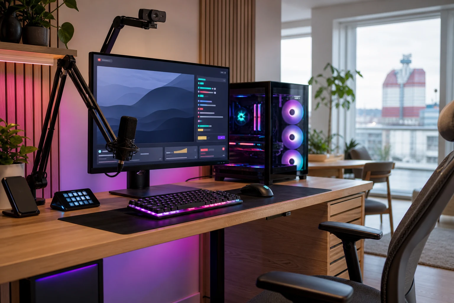 W-8BEN för Twitch-streamers — en hemmastreamingstation i Göteborg med RGB-belysning, en gamingdator med ett chattoverlay synligt på skärmen, och en webbkamera på en armstativ