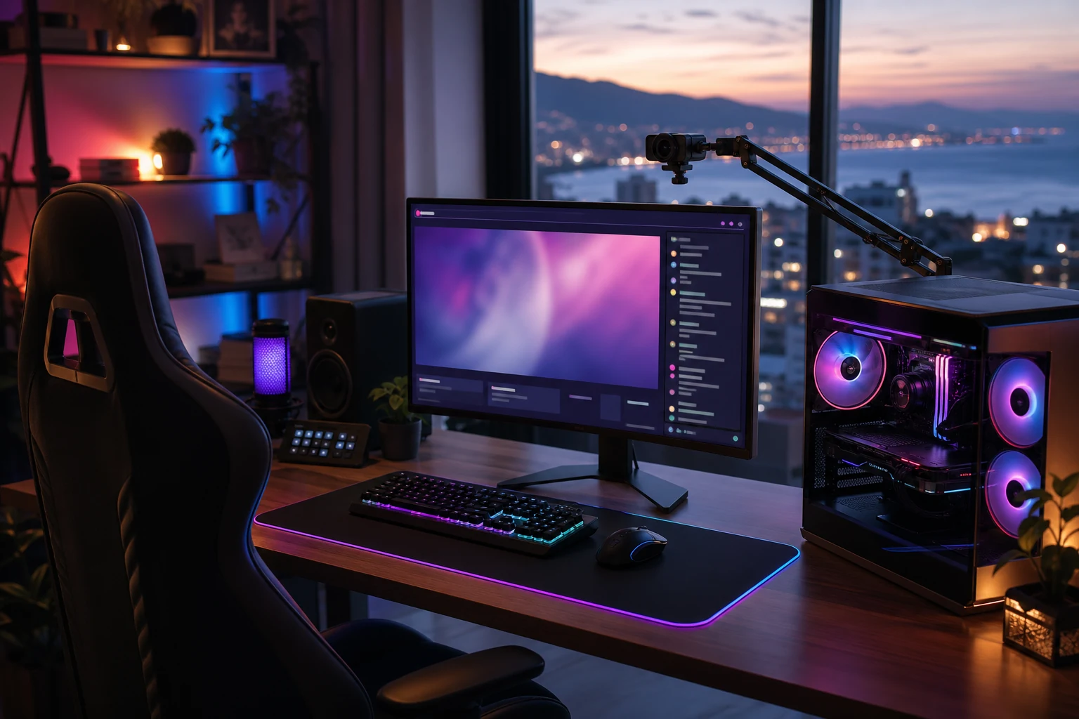 Twitch yayıncıları için W-8BEN — İzmir'de RGB aydınlatmalı ev yayın düzeneği, monitörde sohbet katmanı görünen bir oyun bilgisayarı ve kollu bir standa monteli web kamerası