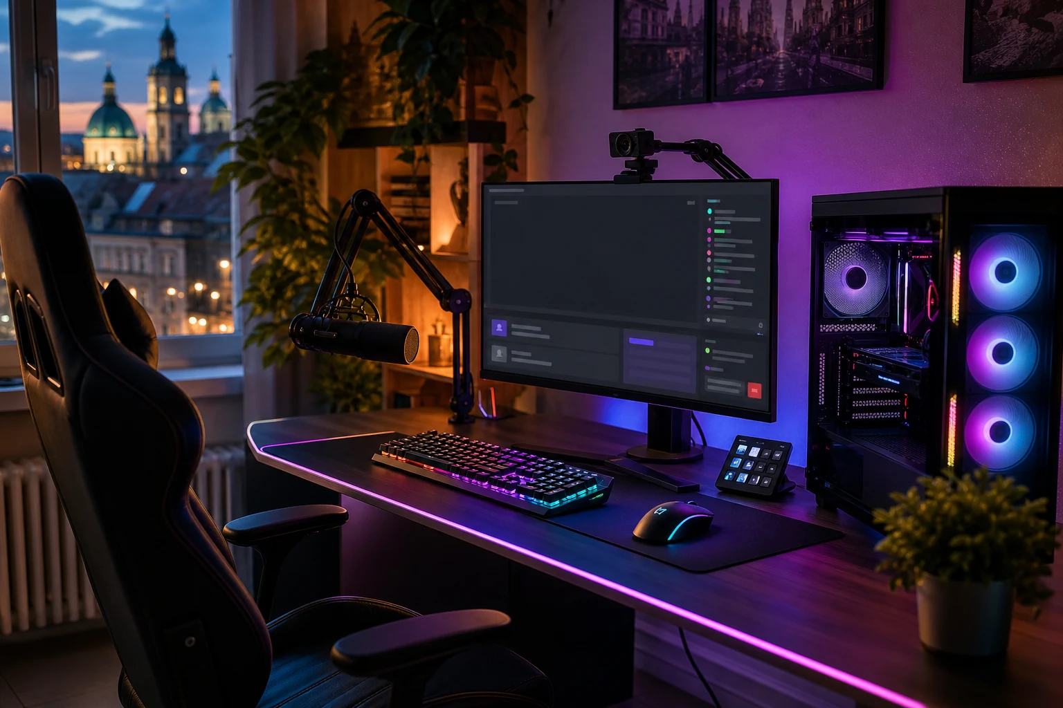 W-8BEN для стрімерів Twitch — домашня стримінг-студія у Львові з RGB-підсвіткою, ігровий комп'ютер з накладенням чату на моніторі, вебкамера на кронштейні