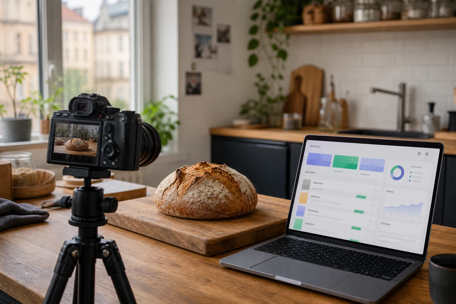 W-8BEN für Udemy-Dozenten — eine Küchenstudio-Aufnahme in Leipzig mit einer Kamera auf Stativ, die einen Sauerteig-Laib auf der Arbeitsplatte filmt, daneben ein Laptop mit geöffnetem Udemy-Dozenten-Dashboard